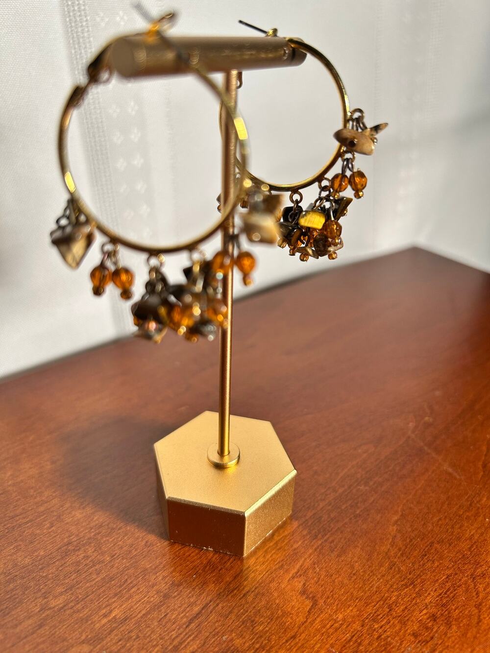 Gold Tone Hoop Earrings Amber Tan Beaded Charms Dangle Fashion Jewelry